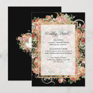 Elegant Floral Roses Bouquet Gold Wedding Details Invitation