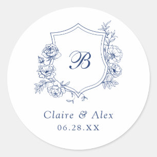 Elegant Floral Roses Crest Wedding Monogram Classic Round Sticker