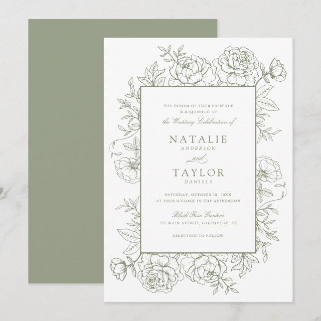 Elegant Floral Roses Frame Sage Green Wedding Invitation (Front/Back)