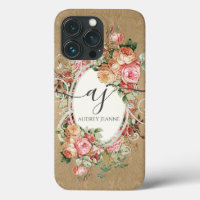 Elegant Floral Roses Gold Damask Monogram Script