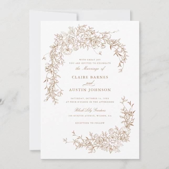 Elegant Floral Roses Gold Leaf Wedding Monogram  Invitation (Front)
