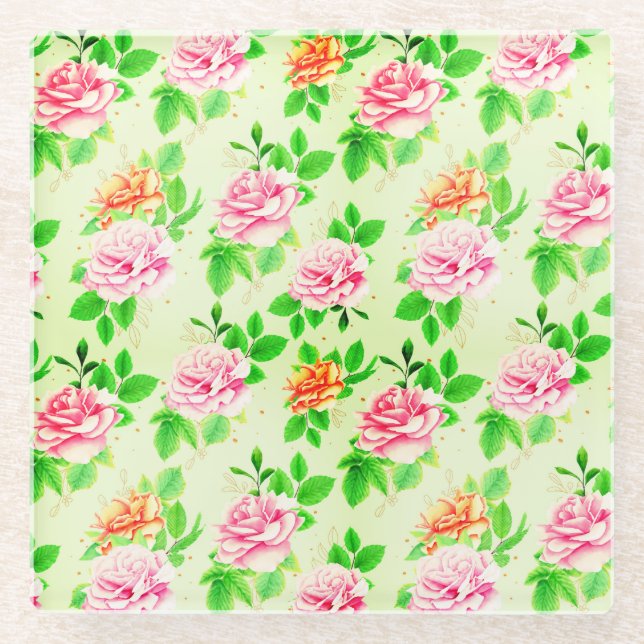 Elegant Floral Roses Green Leaves Pattern-23675 Glass Coaster (Front)