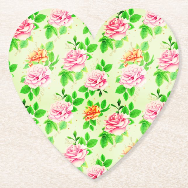 Elegant Floral Roses Green Leaves Pattern-23675 Paper Coaster (Front)