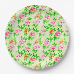 Elegant Floral Roses Green Leaves Pattern-23675 Paper Plate