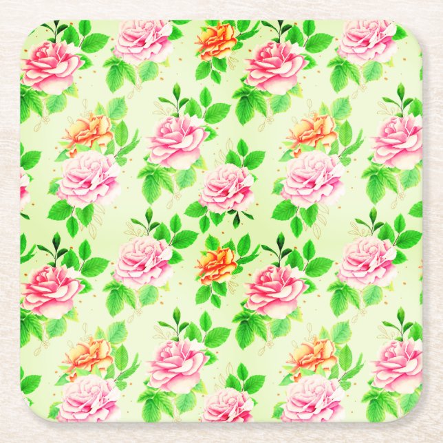 Elegant Floral Roses Green Leaves Pattern-23675 Square Paper Coaster (Front)