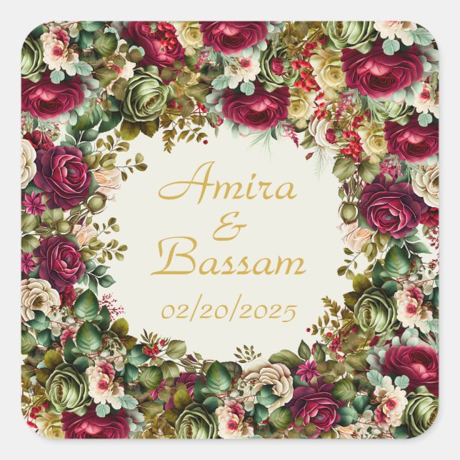 Elegant Floral Roses Islamic Wedding  Square Sticker (Front)