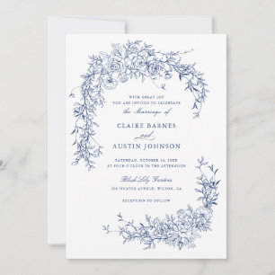 Elegant Floral Roses Navy Blue Wedding Monogram  Invitation