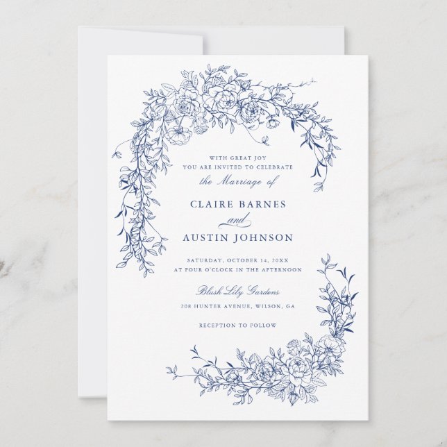 Elegant Floral Roses Navy Blue Wedding Monogram  Invitation (Front)