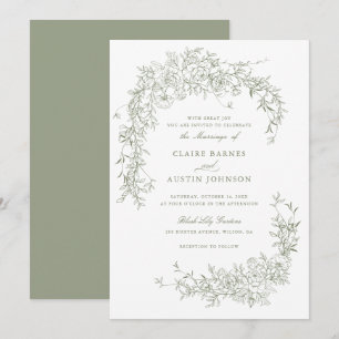 Elegant Floral Roses Sage Green Wedding Monogram Invitation