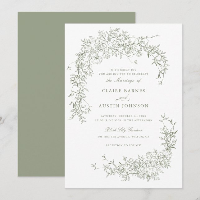 Elegant Floral Roses Sage Green Wedding Monogram  Invitation (Front/Back)