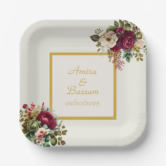 Elegant Floral Roses Wedding  Paper Plate (Front)