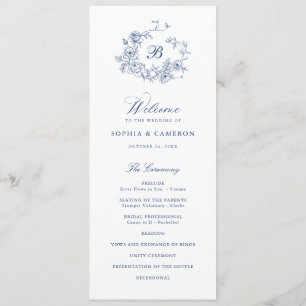 Elegant Floral Roses Wreath Blue Monogram Wedding Programme