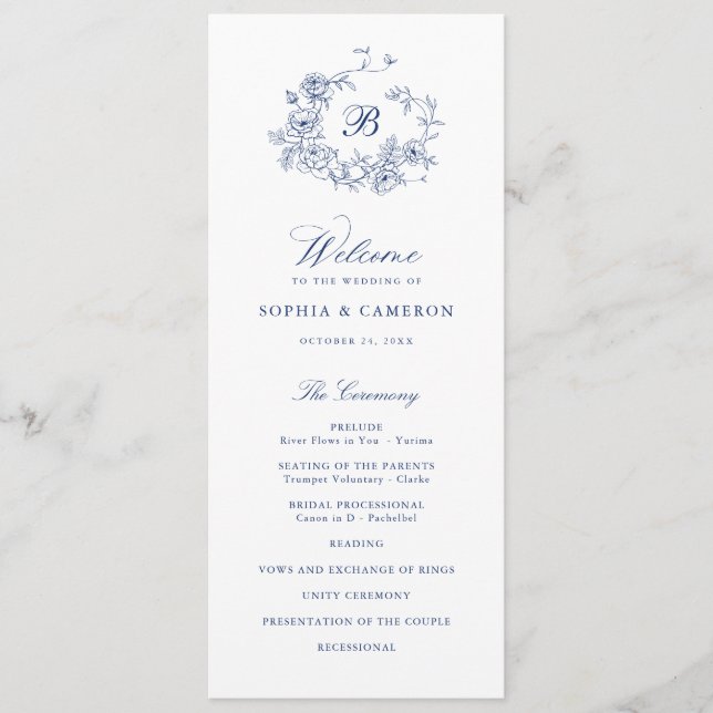Elegant Floral Roses Wreath Blue Monogram Wedding Programme (Front)