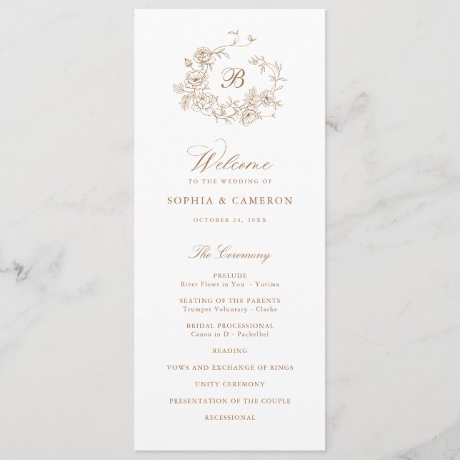 Elegant Floral Roses Wreath Monogram Wedding Programme (Front)