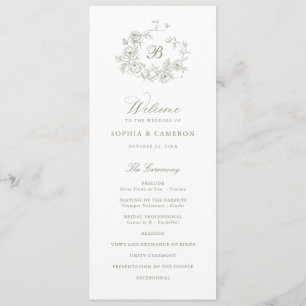 Elegant Floral Roses Wreath Sage Monogram Wedding Programme