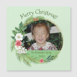 Elegant Floral Round Photo Christmas Magnetic Card
