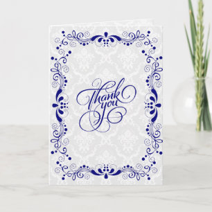 Elegant Floral Royal Blue Lace With White Damasks Thank You Card