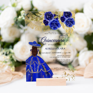 Elegant Floral Royal Blue Mexican Quinceañera Acrylic Invitations