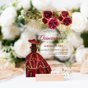 Elegant Floral Ruby Red Charra Quinceañera Acrylic Invitations