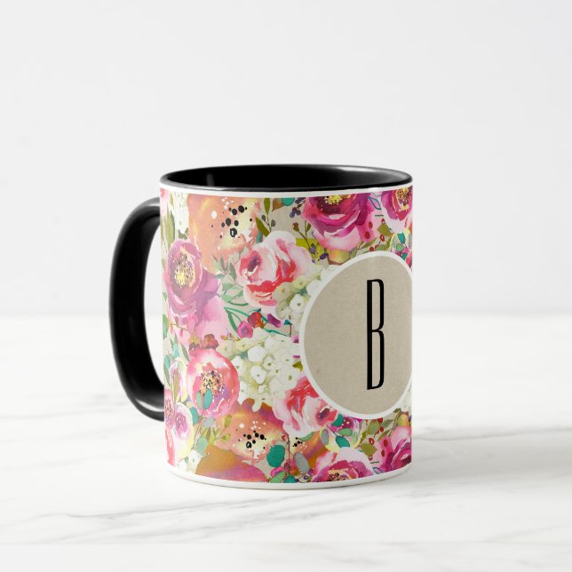Elegant Floral Rustic Chic Kraft Monogram Custom Mug (Front Left)