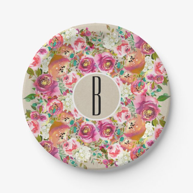 Elegant Floral Rustic Chic Kraft Monogram Wedding Paper Plate (Front)