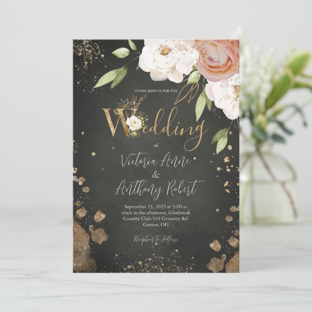 Elegant Floral Rustic Gold Wedding Invitation (Standing Front)