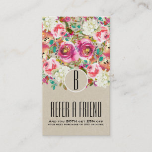 Elegant Floral Rustic Kraft Monogram Shabby Chic Referral Card