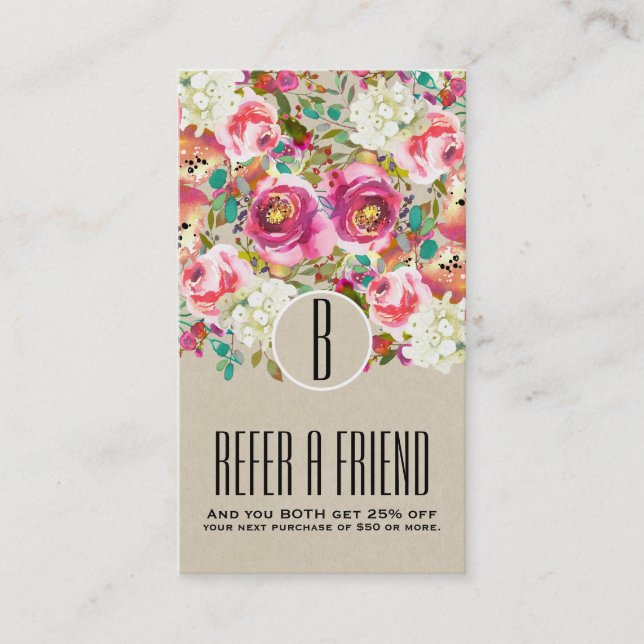Elegant Floral Rustic Kraft Monogram Shabby Chic Referral Card (Front)