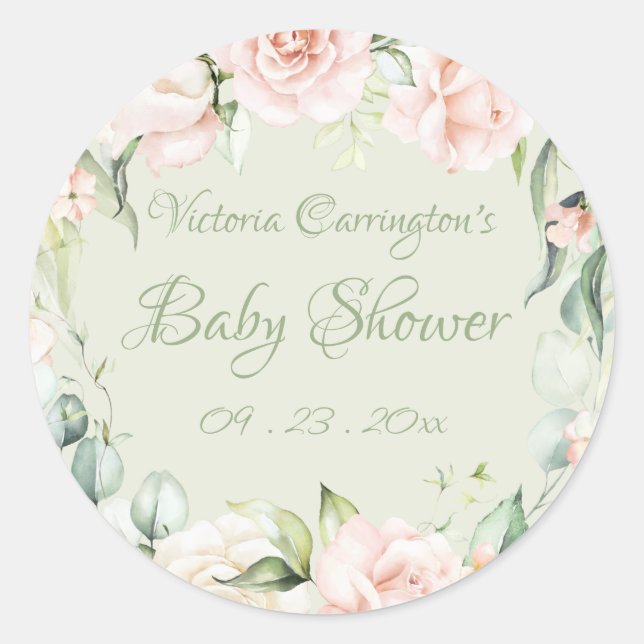 Elegant Floral Sage Green Baby Shower  Classic Round Sticker (Front)