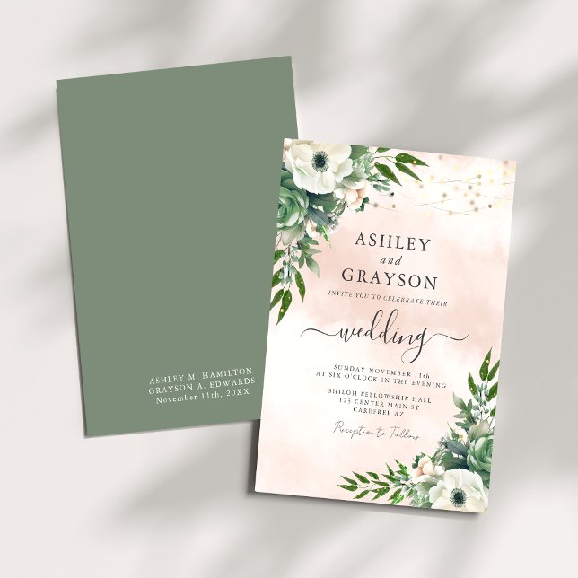 Elegant Floral Sage Green Blush Wedding Invitation (Creator Uploaded)