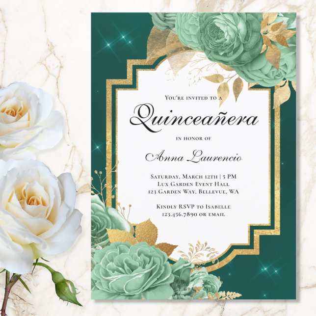 Elegant Floral Sage Green Emerald Quinceanera  Invitation (Creator Uploaded)