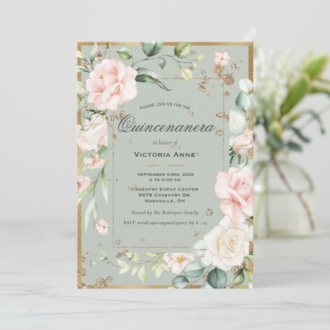 Elegant Floral Sage Green Gold Quinceanera Invitation (Standing Front)