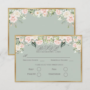 Elegant Floral Sage Green Gold Script Wedding RSVP Card