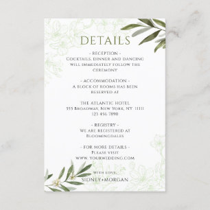 Elegant Floral Sage Green Olives Wedding Details Enclosure Card