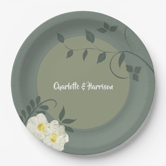 Elegant Floral Sage Green Paper Plate (Front)