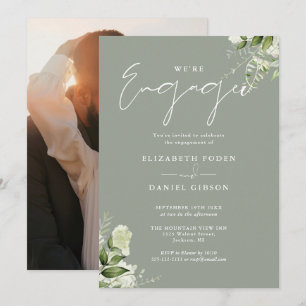 Elegant Floral Sage Green Photo Engagement Party Invitation
