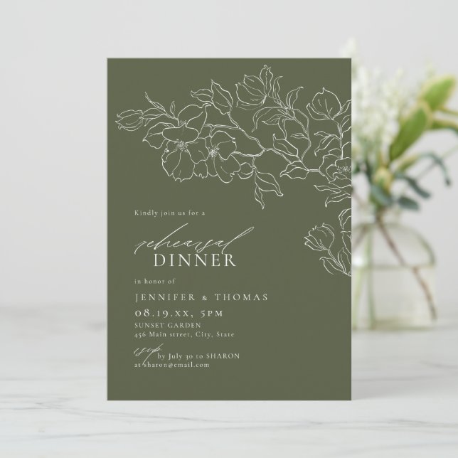 Elegant floral sage green rehearsal dinner invitation (Standing Front)