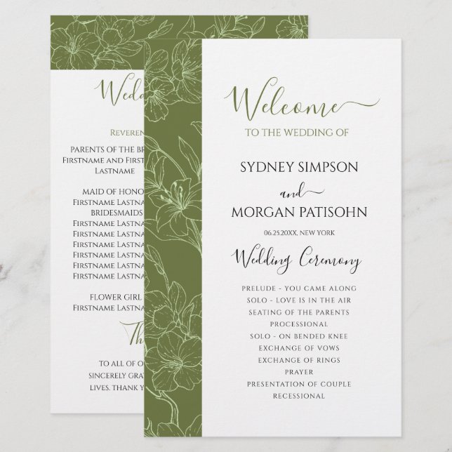 Elegant Floral Sage Green Wedding Ceremony Program (Front/Back)