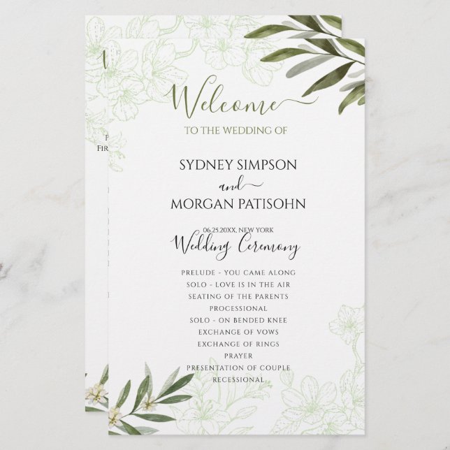 Elegant Floral Sage Green Wedding Ceremony Program (Front/Back)