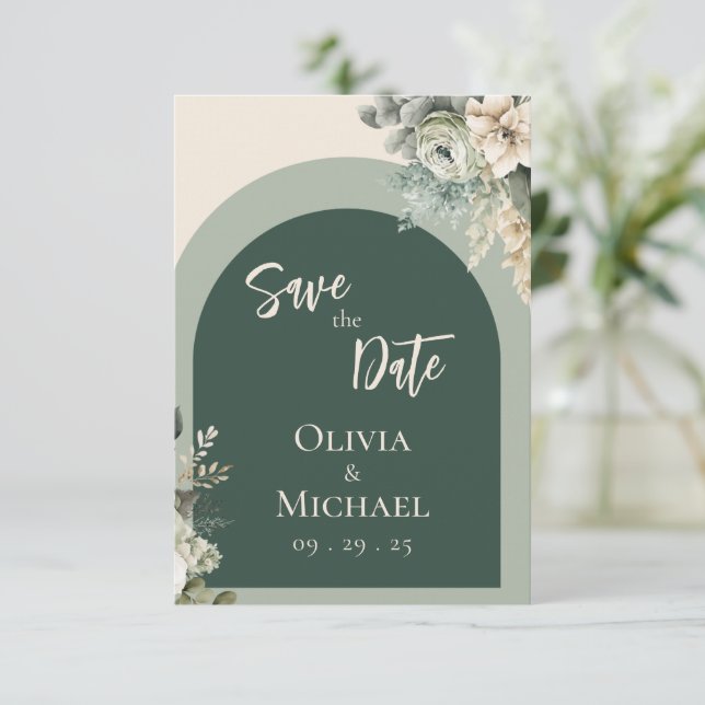 Elegant Floral Sage Green Wedding Save the Date (Standing Front)