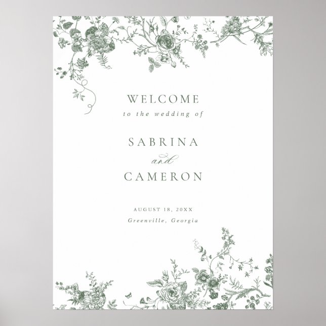 Elegant Floral Sage Vintage Wedding Welcome Sign (Front)