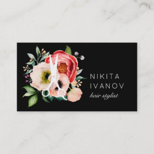 Elegant Floral Salon Scissors Logo Appointment Business Card