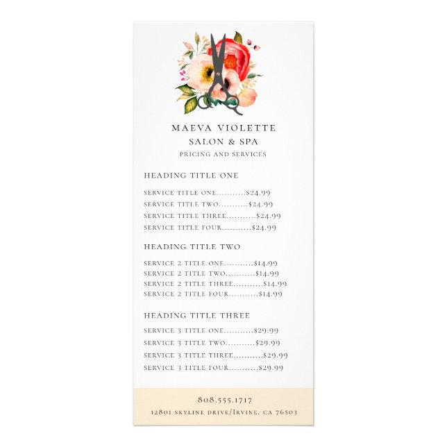 Elegant Floral Salon Scissors Service/Pricing Rack Card (Front)