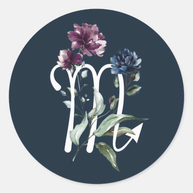Elegant Floral Scorpio Star Sign Classic Round Sticker (Front)