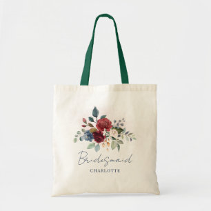 Elegant Floral Script Burgundy Wedding Bridesmaid Tote Bag
