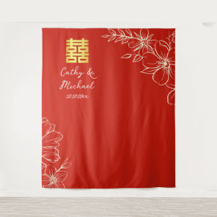 Elegant floral script Chinese wedding red backdrop Tapestry