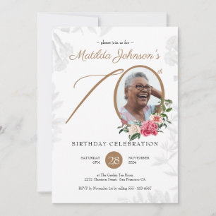 Elegant Floral Script Custom Photo 70th Birthday  Invitation