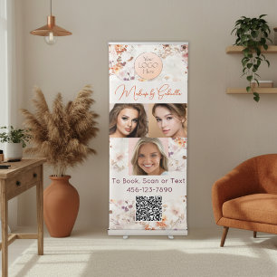 Elegant Floral Script Logo QR Code Photo Makeup Retractable Banner