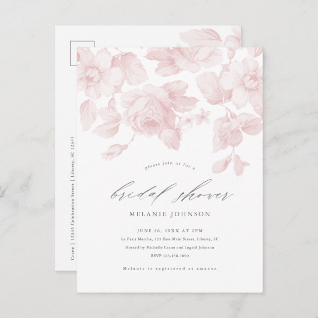 Elegant Floral Script Pink Bridal Shower Invitation Postcard (Front/Back)