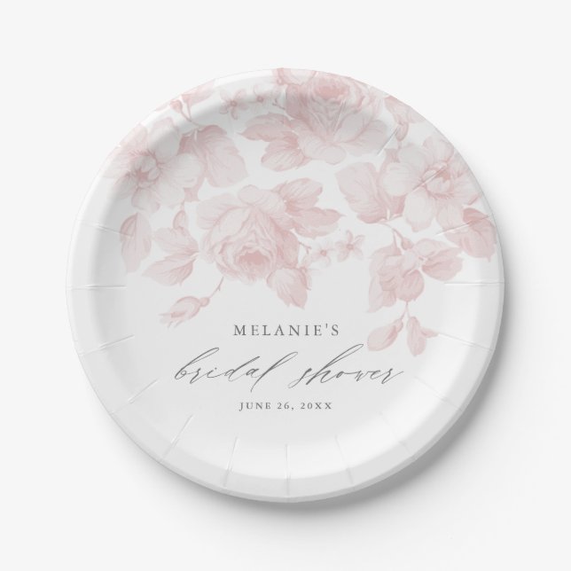 Elegant Floral Script Pink Bridal Shower Paper Plate (Front)